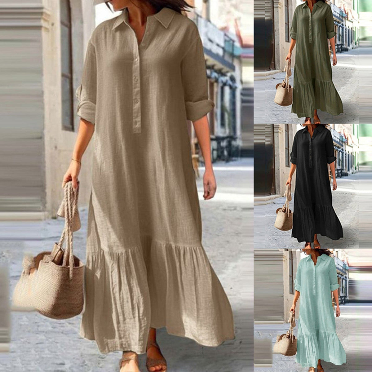 2024 Summer Cotton Linen Loose Shirt Dress - Black Oversized Long Sleeve Casual Elegance